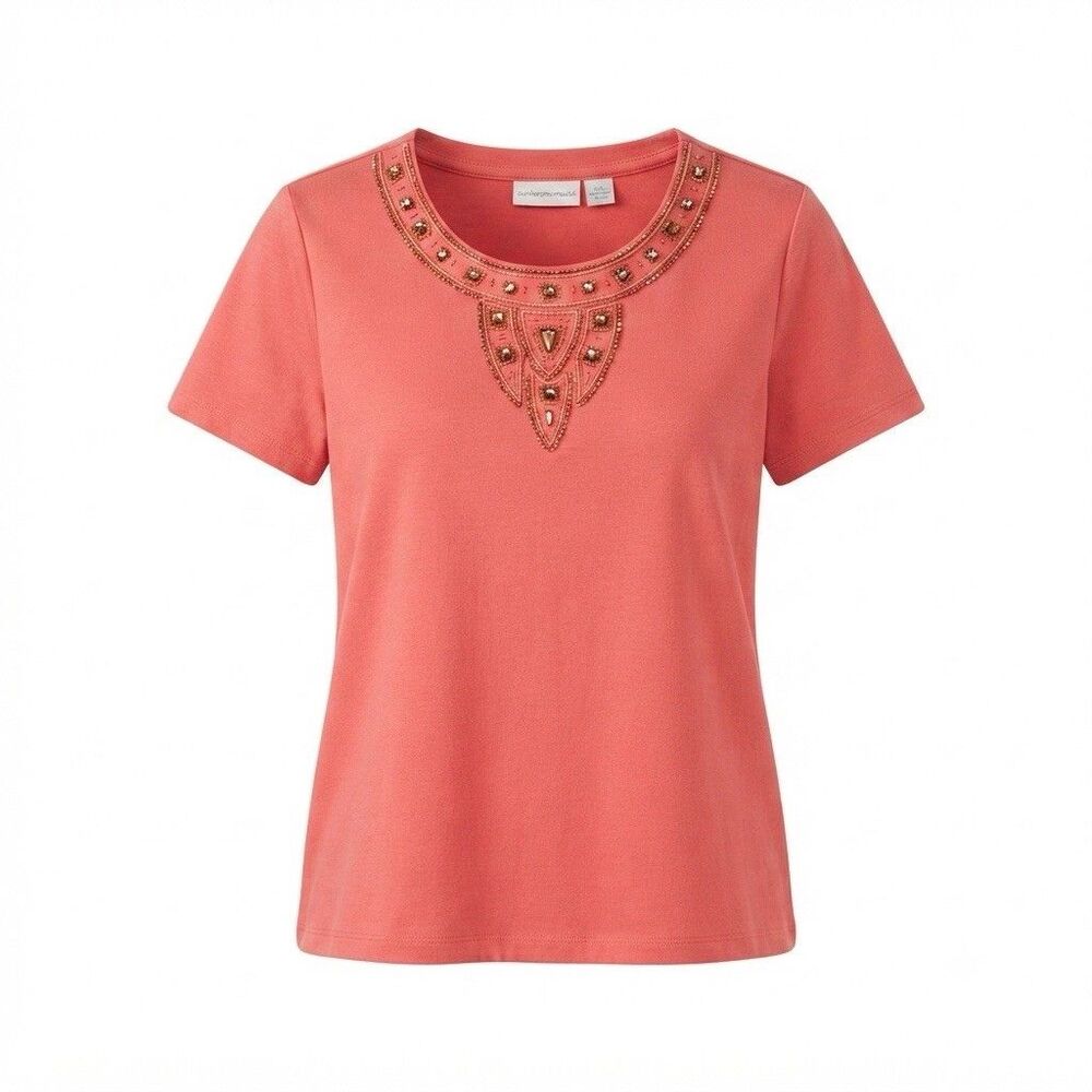 Alfred Dunner Women's Coral Short Sleeve Embellished Studded Top Petite Large